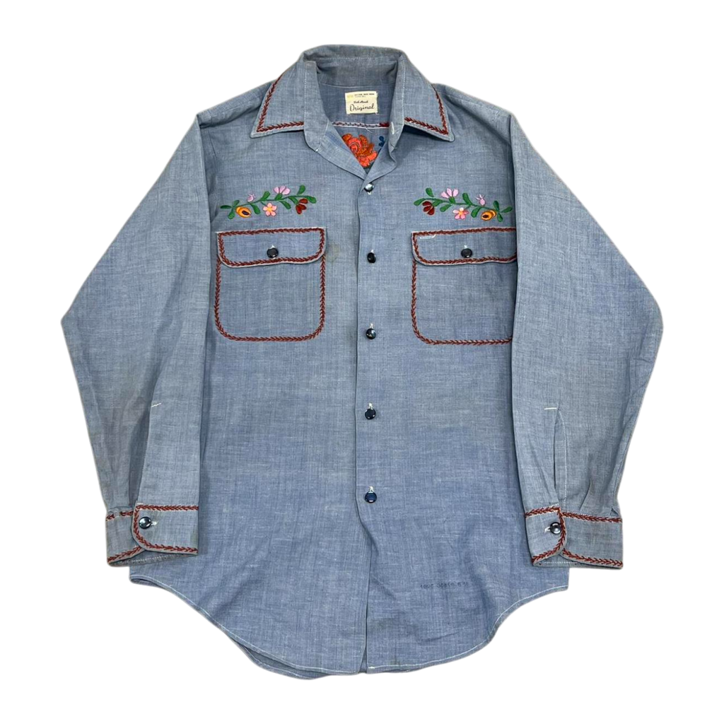 Hand-Embroidered Chambray Shirt | Adult Sz. M | c. 1970s