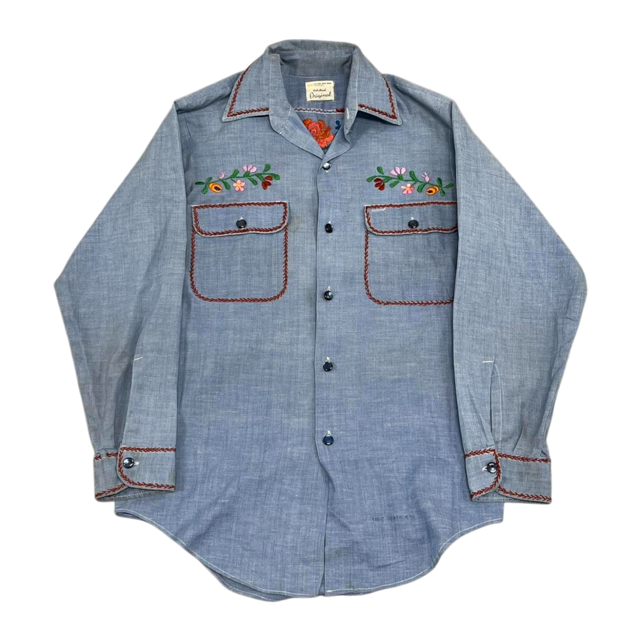 Hand-Embroidered Chambray Shirt | Adult Sz. M | c. 1970s