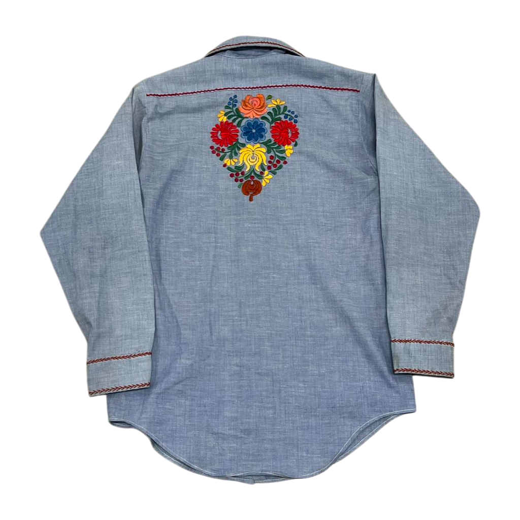 Hand-Embroidered Chambray Shirt | Adult Sz. M | c. 1970s