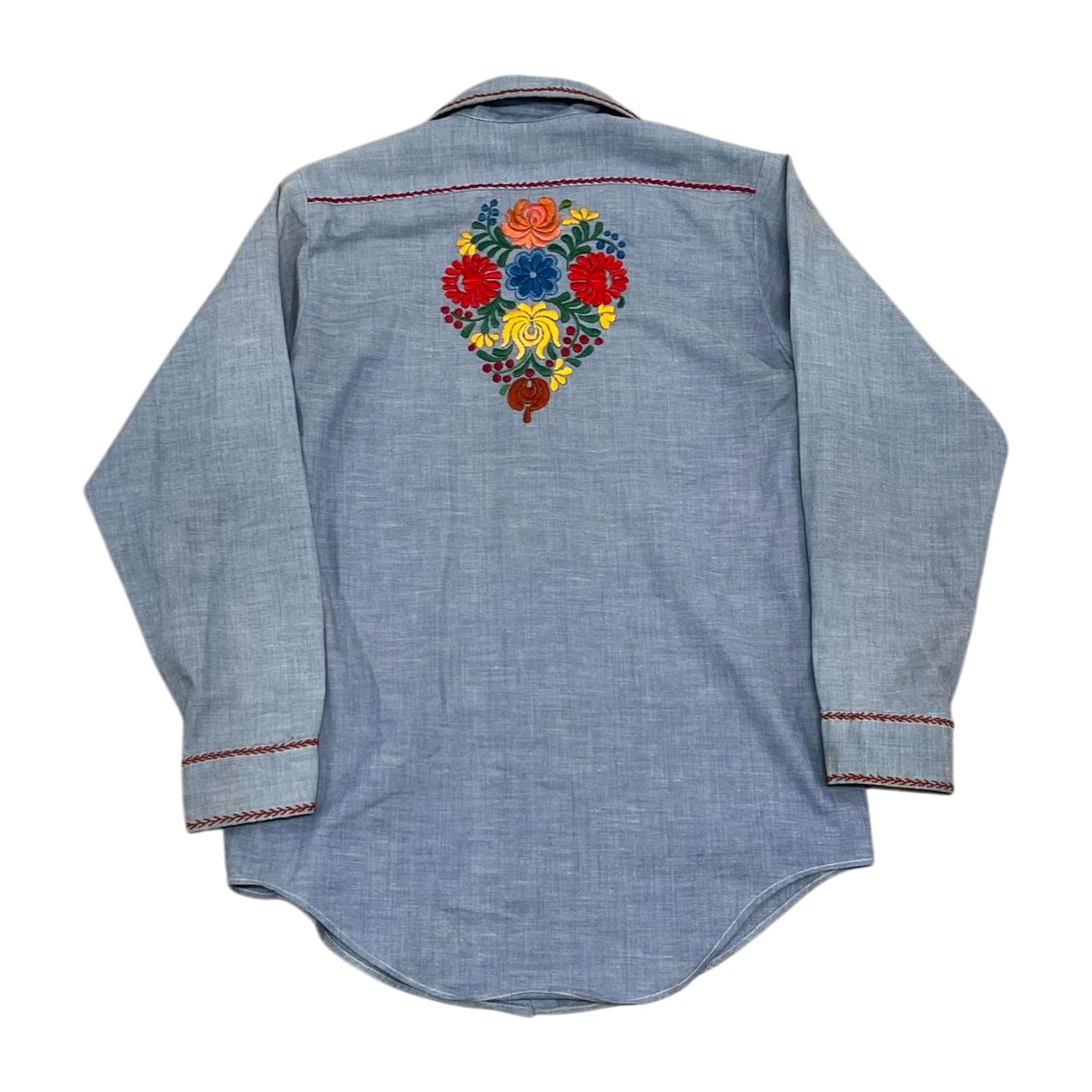Hand-Embroidered Chambray Shirt | Adult Sz. M | c. 1970s