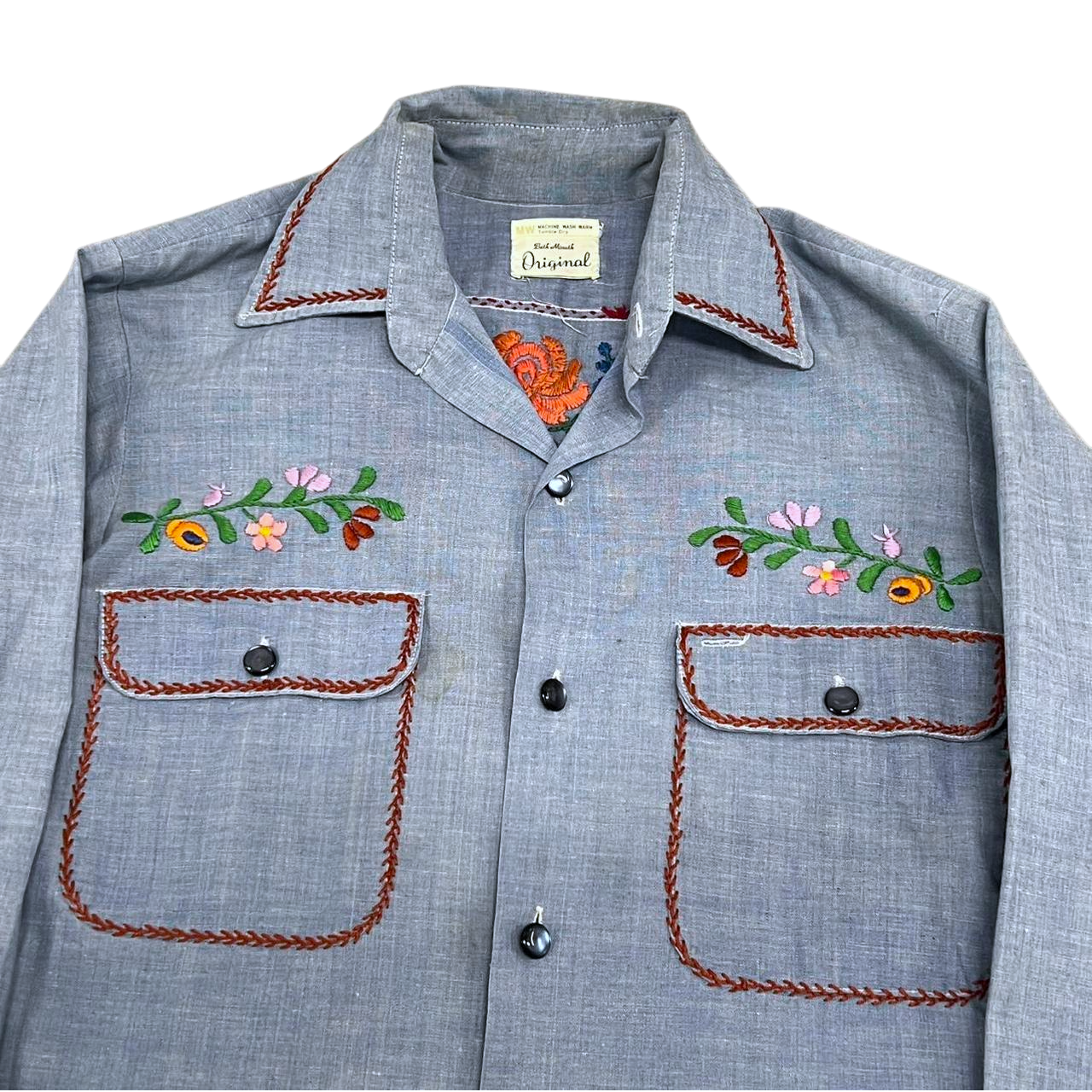 Hand-Embroidered Chambray Shirt | Adult Sz. M | c. 1970s