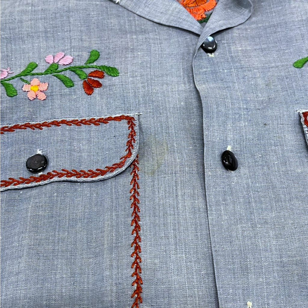 Hand-Embroidered Chambray Shirt | Adult Sz. M | c. 1970s