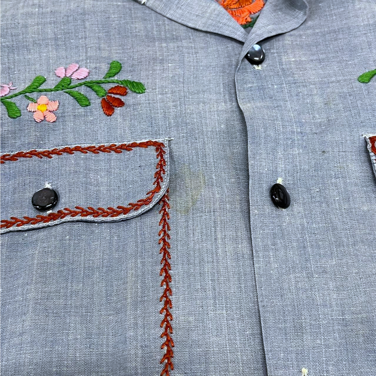 Hand-Embroidered Chambray Shirt | Adult Sz. M | c. 1970s