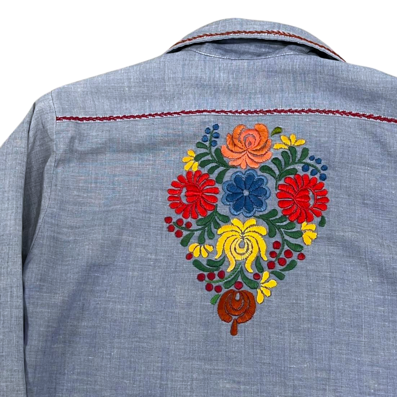 Hand-Embroidered Chambray Shirt | Adult Sz. M | c. 1970s