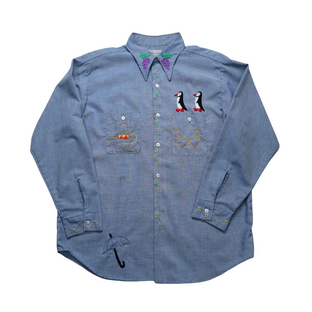 Hand-Embroidered Chambray Shirt | XL | c. 1970s