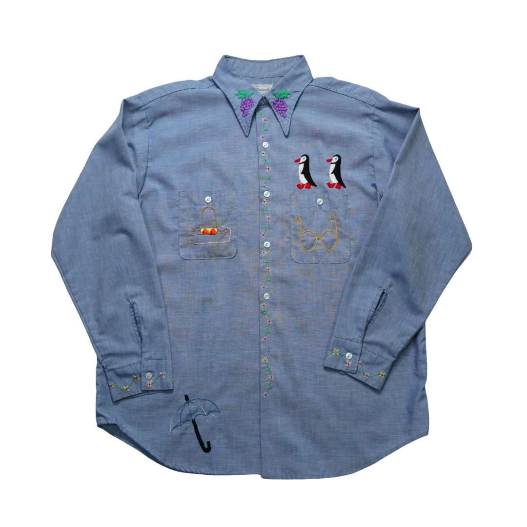 Hand-Embroidered Chambray Shirt | XL | c. 1970s