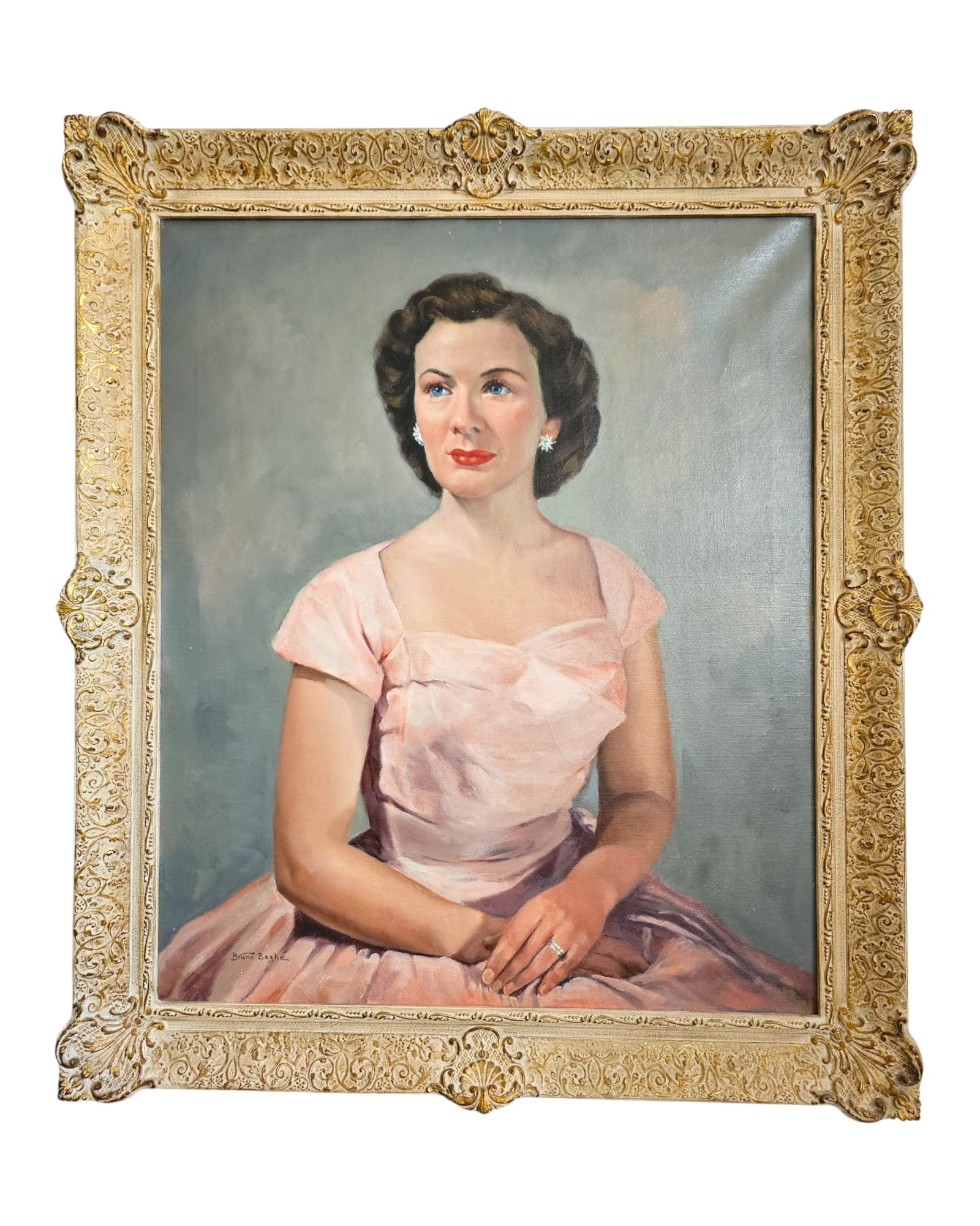 Portrait of a Woman in Pink by Bruno Beghé | Signed Oil on Canvas | c. 1950s