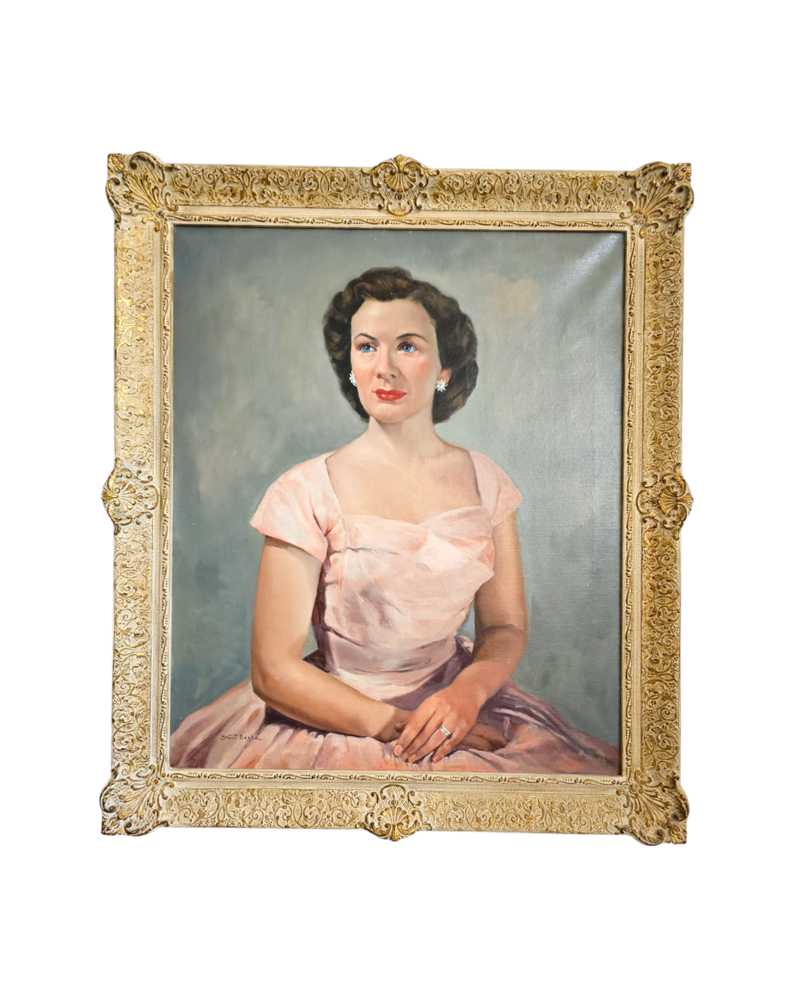 Portrait of a Woman in Pink by Bruno Beghé | Signed Oil on Canvas | c. 1950s