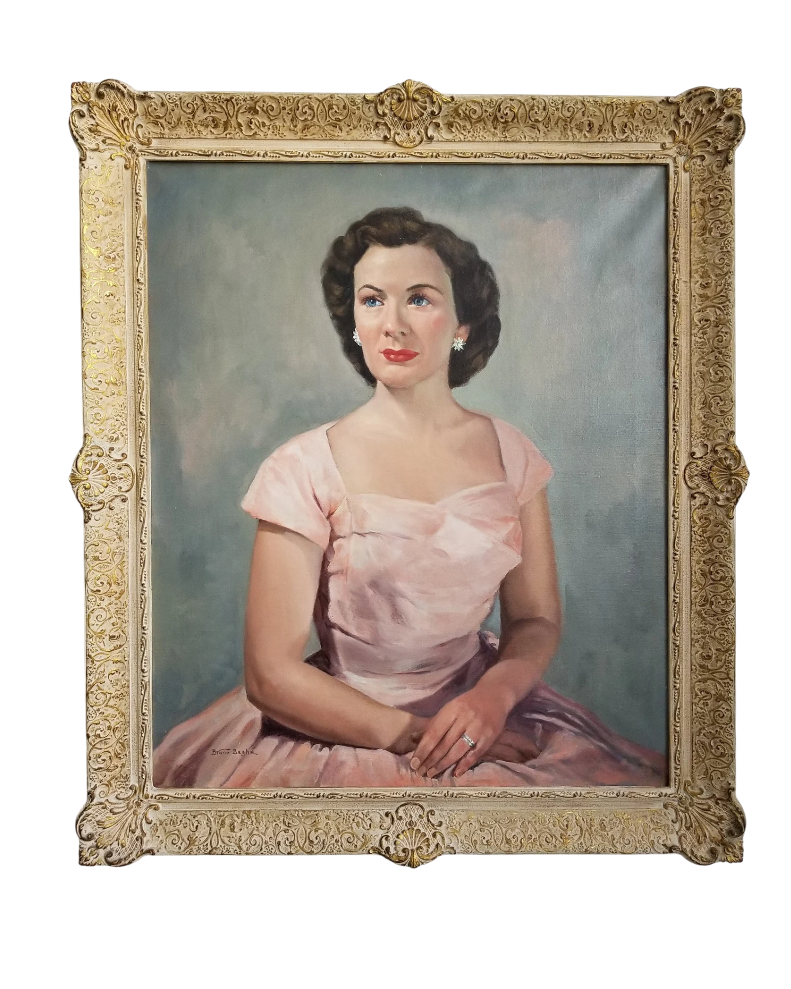 Portrait of a Woman in Pink by Bruno Beghé | Signed Oil on Canvas | c. 1950s