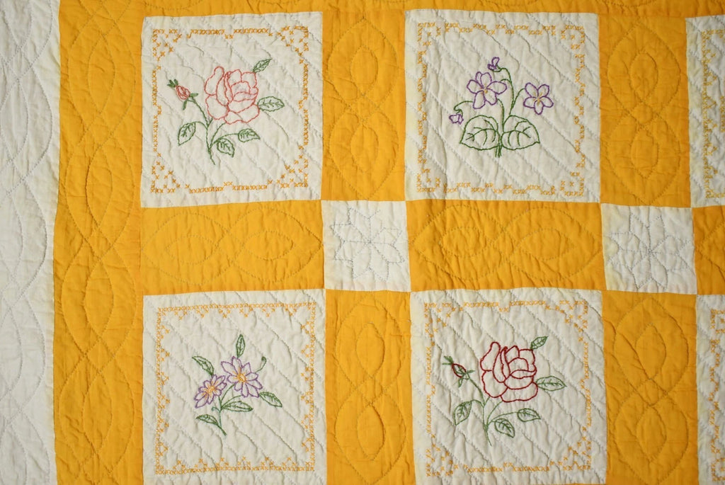 Embroidered Floral Quilt | 74" x 76" | c. 1930s
