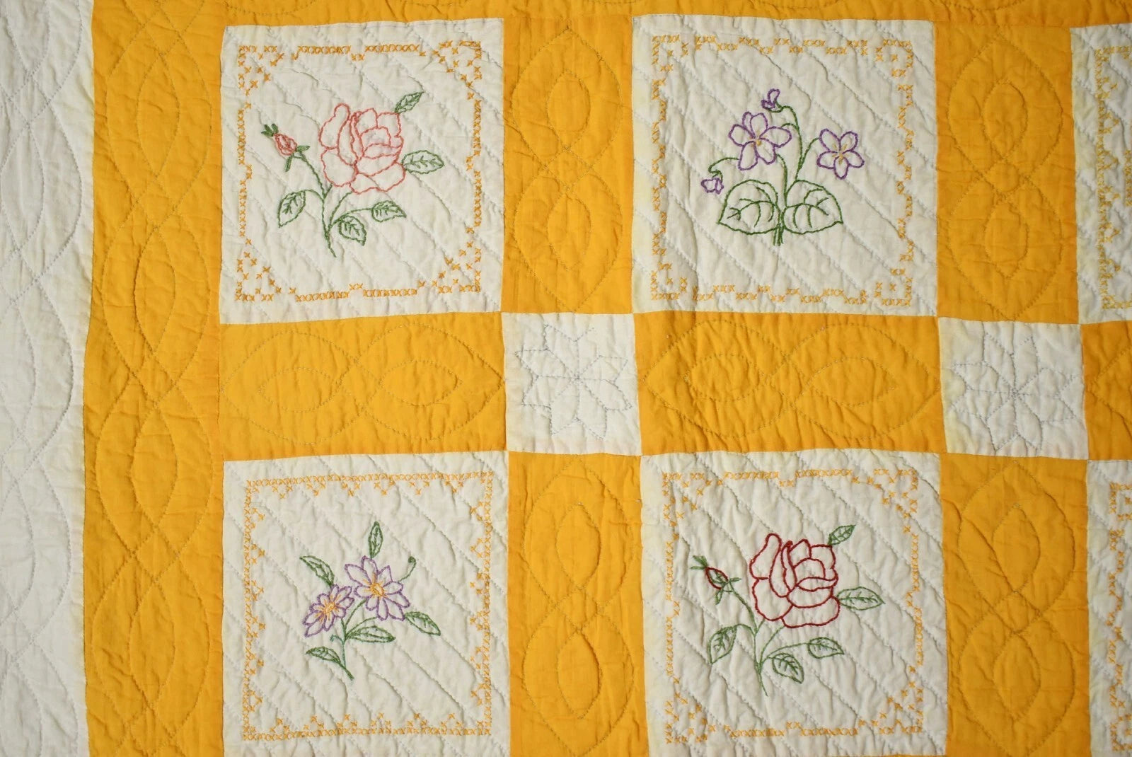 Embroidered Floral Quilt | 74" x 76" | c. 1930s