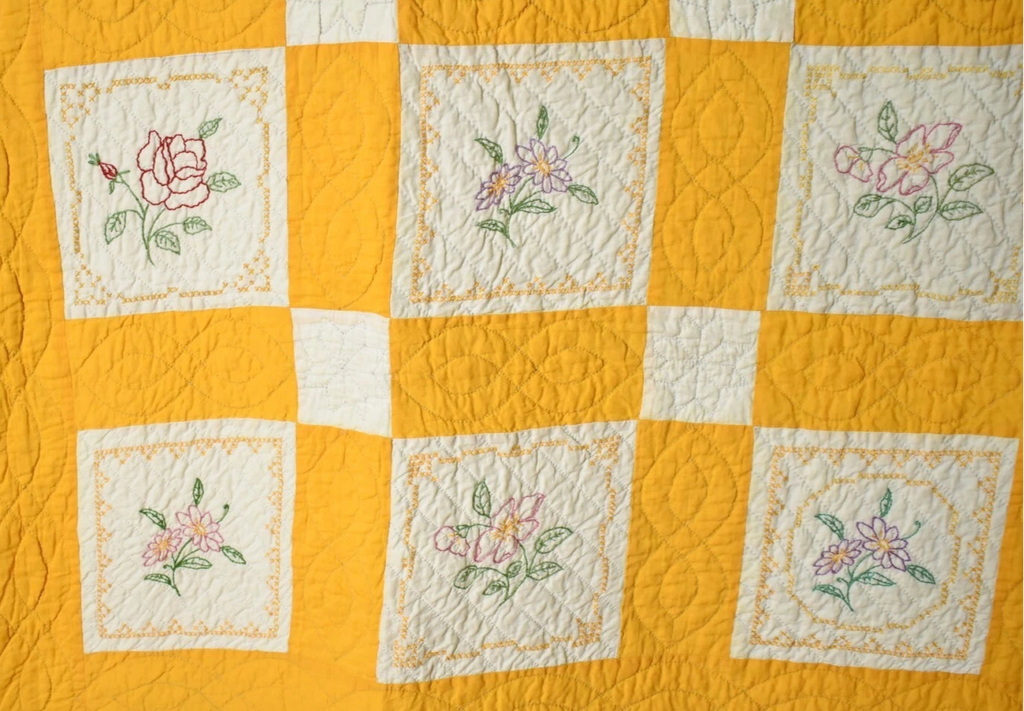 Embroidered Floral Quilt | 74" x 76" | c. 1930s