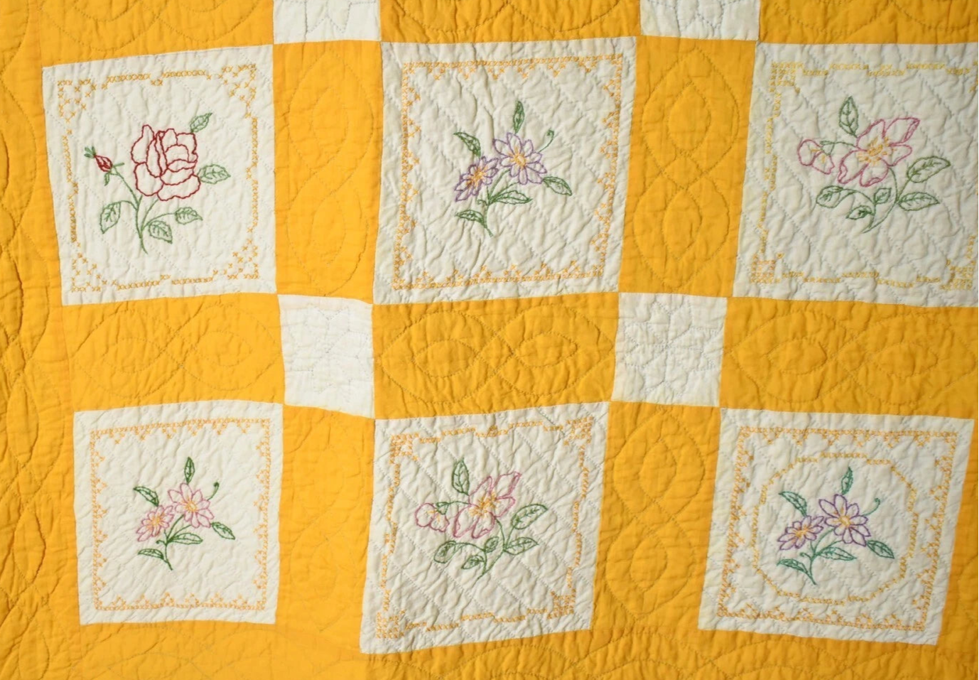 Embroidered Floral Quilt | 74" x 76" | c. 1930s