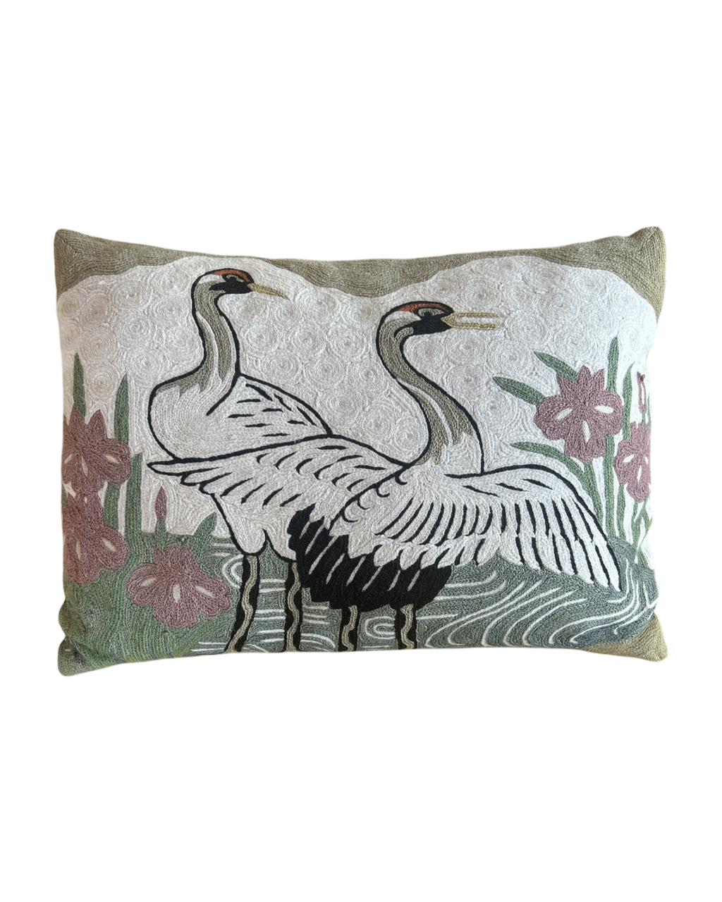 Asian Crane Embroidered Wool Pillow | 18" x 13" | c. 1970s