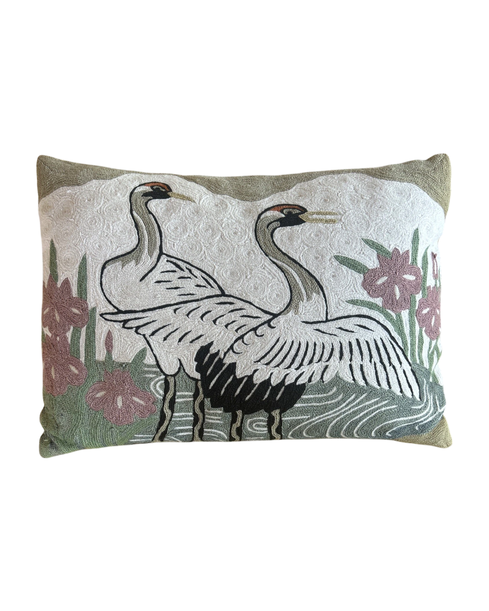 Asian Crane Embroidered Wool Pillow | 18" x 13" | c. 1970s
