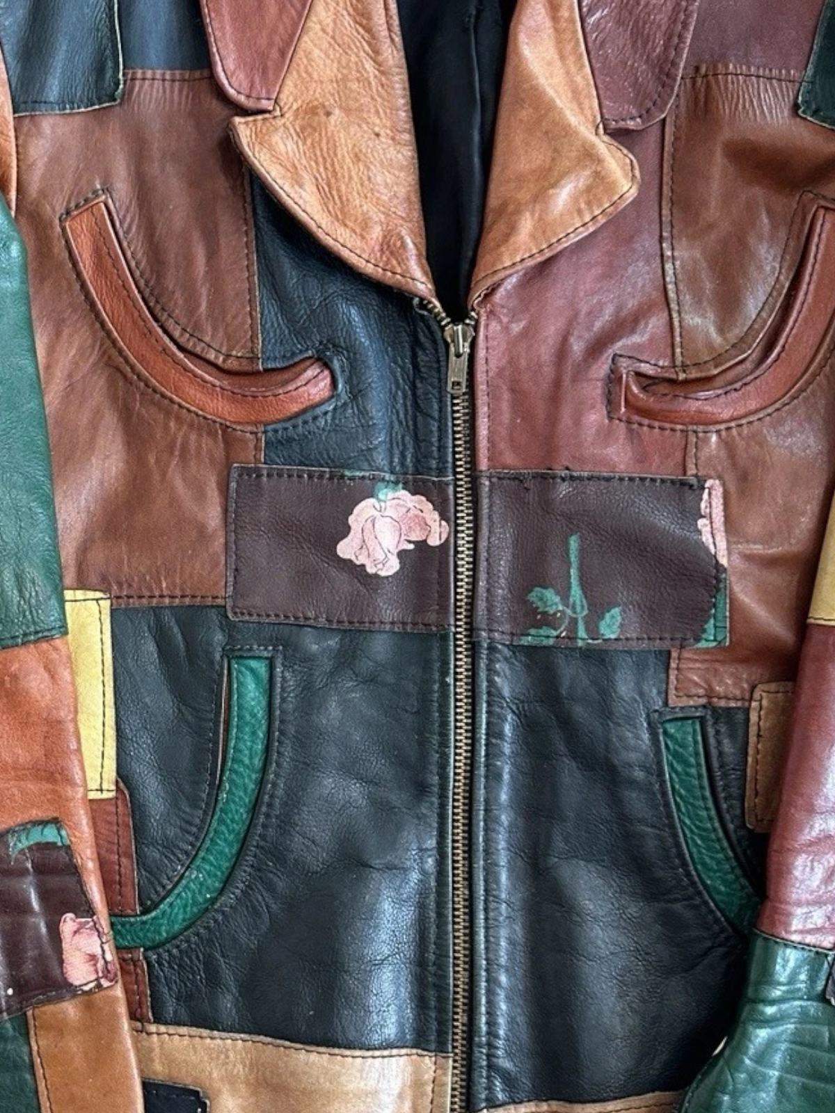 RARE Painted Patchwork Leather Jacket | Women's M | c. 1970s
