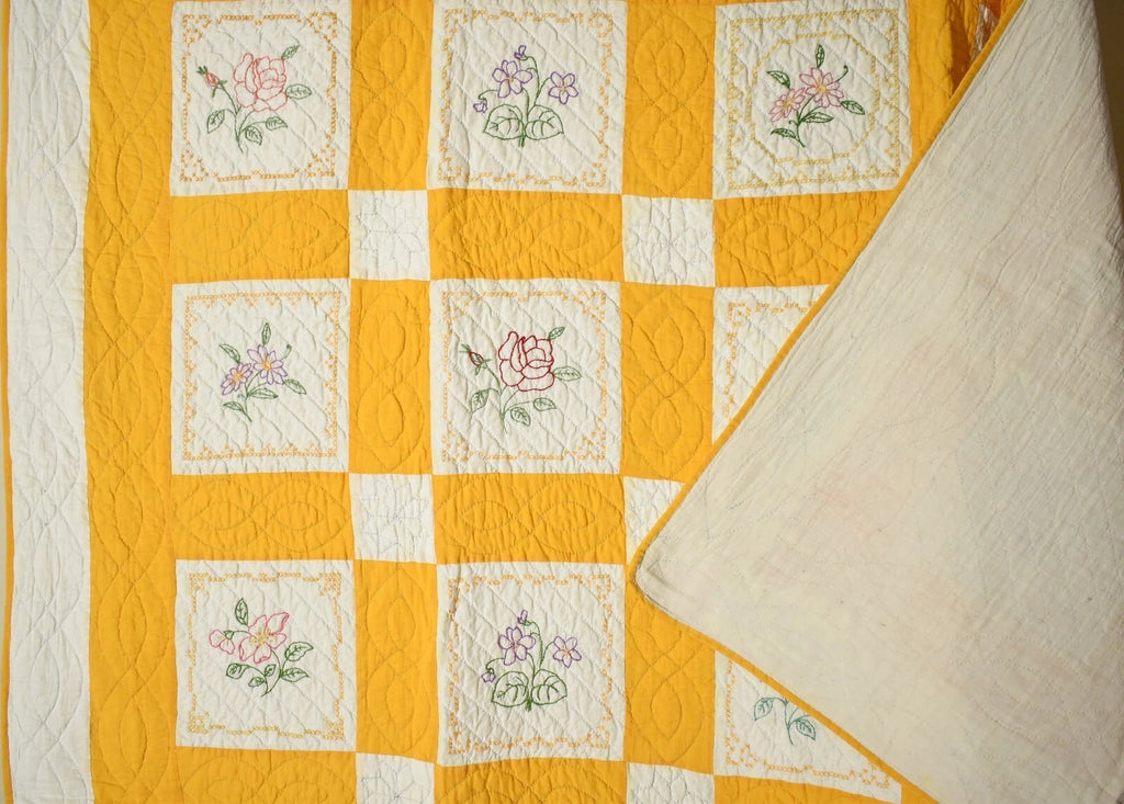 Embroidered Floral Quilt | 74" x 76" | c. 1930s