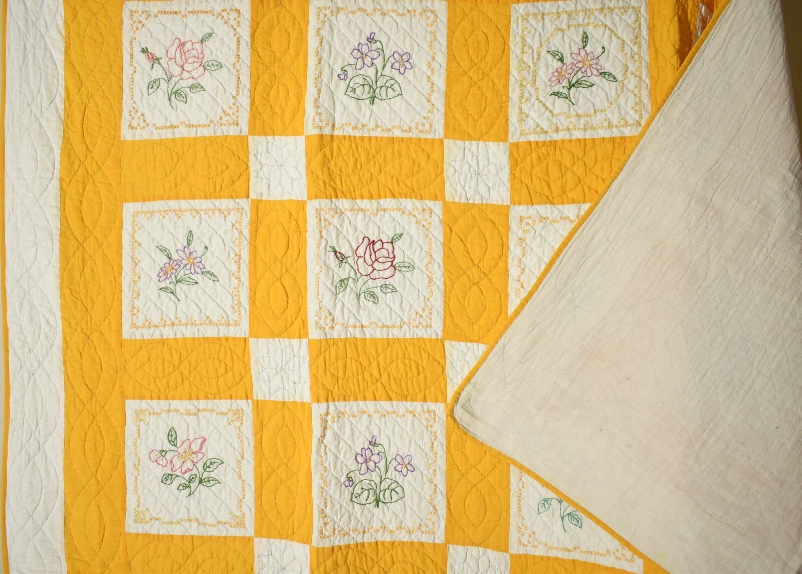 Embroidered Floral Quilt | 74" x 76" | c. 1930s