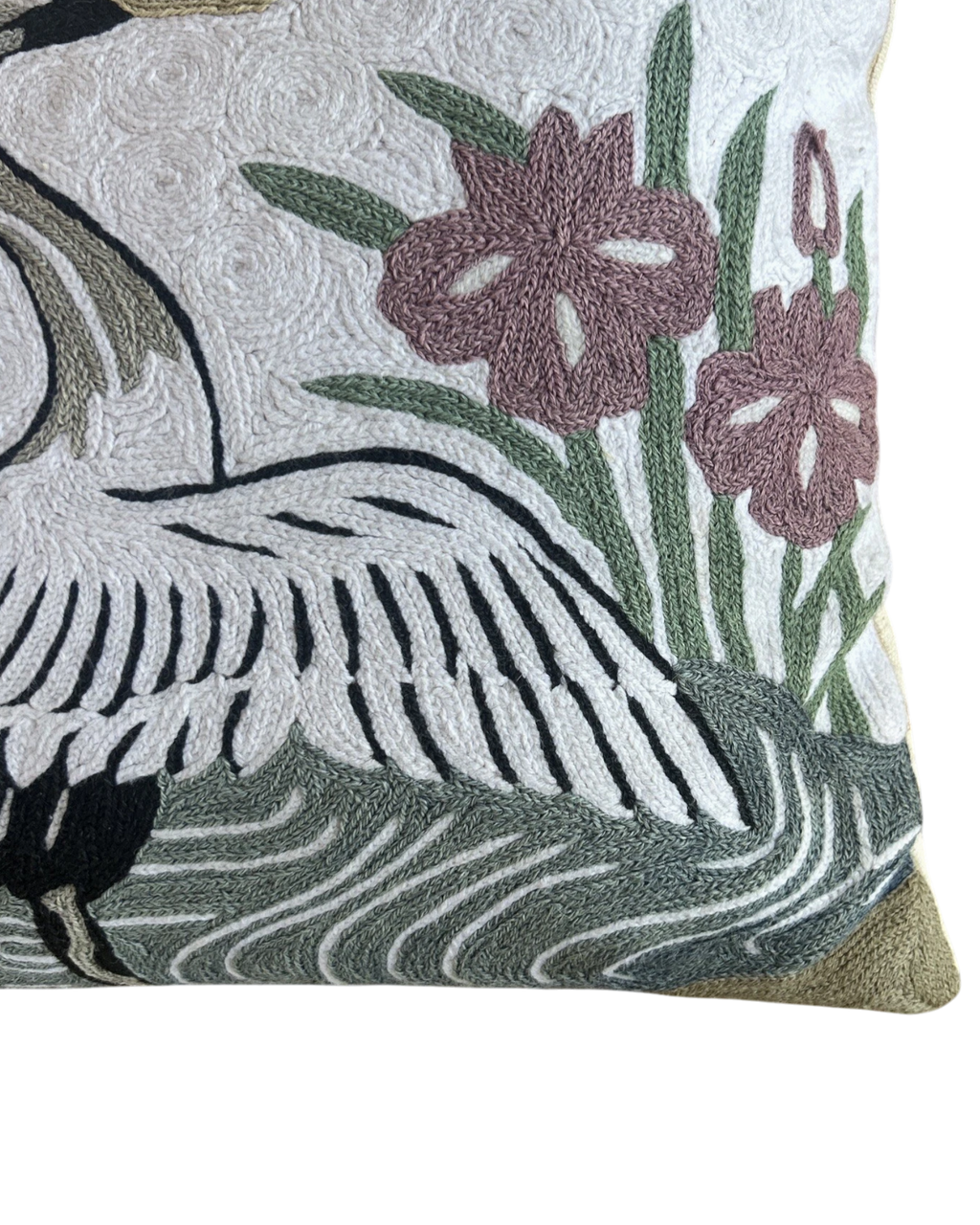 Asian Crane Embroidered Wool Pillow | 18" x 13" | c. 1970s