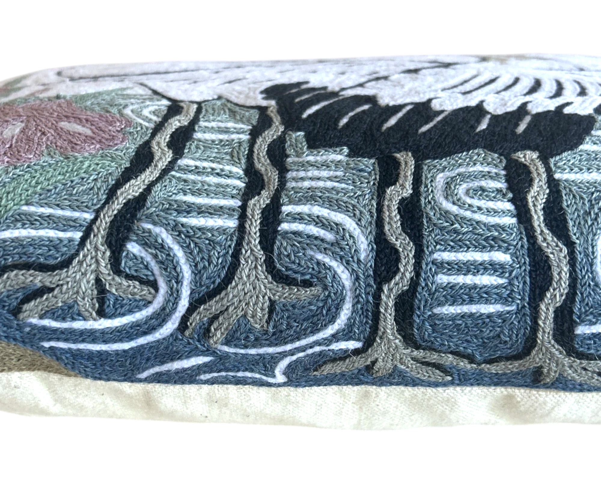 Asian Crane Embroidered Wool Pillow | 18" x 13" | c. 1970s